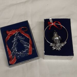 Bundle of 2 silverplate cardinal and Mikasa Christmas tree ornaments.